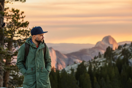Hiker visit Yosemite national park in Californiaの写真素材