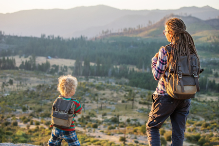 Mother with son visit Yosemite national park in Californiaの写真素材