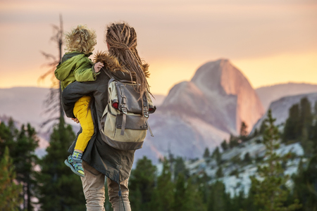 Mother with son visit Yosemite national park in Californiaの写真素材