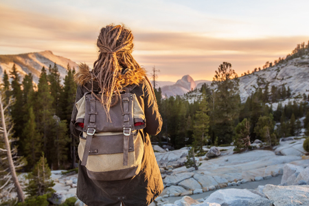 Hiker woman visit Yosemite national park in Californiaの写真素材