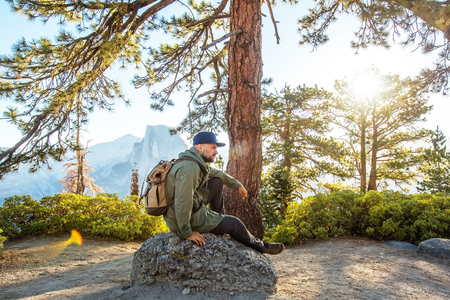 Hiker visit Yosemite national park in Californiaの写真素材