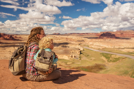 Mother and son travels to America on the Colorado river observation deckの写真素材