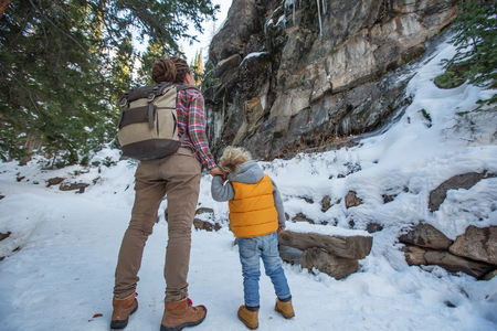 Family in Rocky mountains National park in USAの写真素材