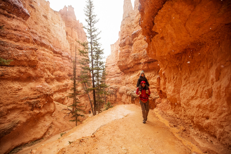 Father with son are hiking in Bryce canyon National Park, Utah, USAの写真素材