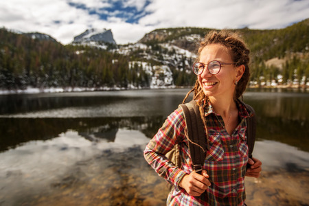 Hiker in Rocky mountains National park in USAの写真素材