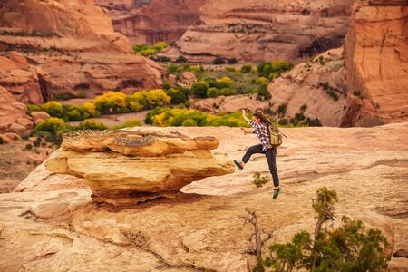A hiker in the Canyon de Chelly National Monumentの写真素材