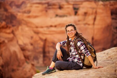 A hiker in the Canyon de Chelly National Monumentの写真素材