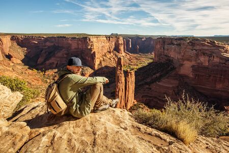 A hiker in the Canyon de Chelly National Monumentの写真素材