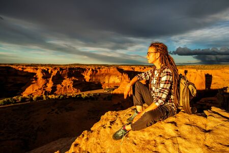 A hiker in the Canyon de Chelly National Monumentの写真素材
