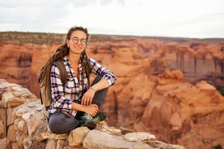 A hiker in the Canyon de Chelly National Monumentの写真素材
