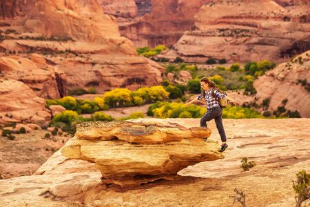 A hiker in the Canyon de Chelly National Monumentの写真素材