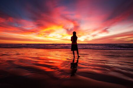 woman walking alone on the beach in the sunsetの写真素材