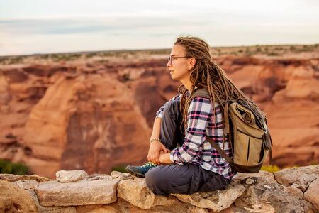 A hiker in the Canyon de Chelly National Monumentの写真素材