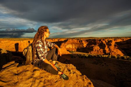 A hiker in the Canyon de Chelly National Monumentの写真素材