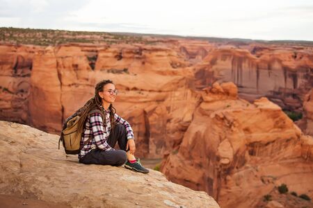 A hiker in the Canyon de Chelly National Monumentの写真素材