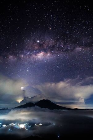 Night Sky Milky Way Mount Agung Bali Indonesiaの写真素材
