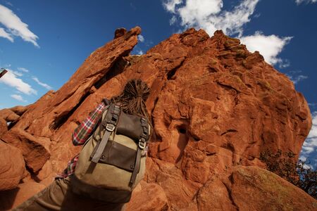 Hiker near the rocksの写真素材