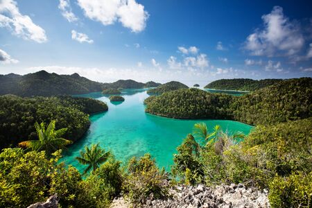 View from the top of the cliff at remote archipelago Pulau Wayag, Raja Ampat, Indonesiaの写真素材