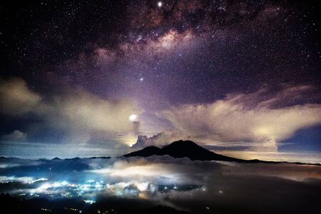 Night Sky Milky Way Mount Agung Bali Indonesiaの写真素材