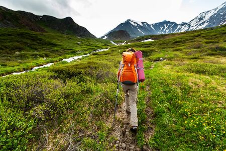 Hiker in the mountains on the Altaiの写真素材