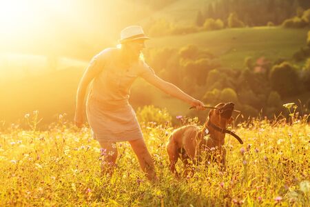 Woman with a dog playing on a mountainの写真素材