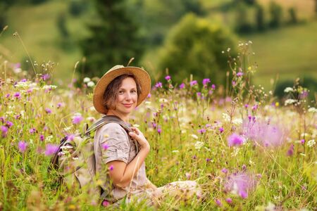 woman hiker enjoy the view at mountainの写真素材