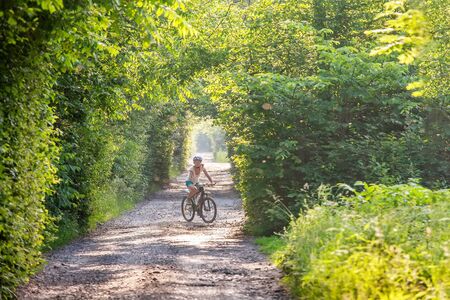 Woman rides bicycle in the beautiful green forest. Adventure, cycling.の写真素材