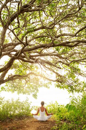 Woman practicing yoga at sunsetの写真素材