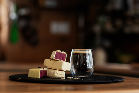 Sweet dessert with coffee at the wooden tableの写真素材