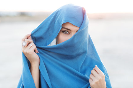 Beautiful european woman in hijabの写真素材