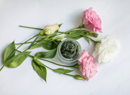 Cream in a jar on a white backgroundの写真素材