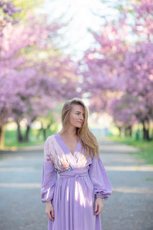 Beautiful woman in a sakura gardenの写真素材