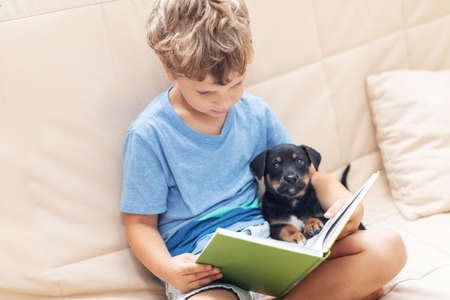 A boy with a little dog is reading a bookの写真素材