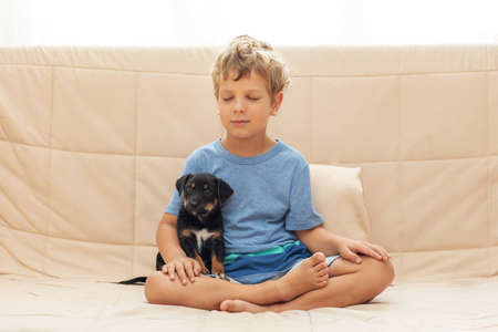 A boy with a little dog doing yogaの写真素材