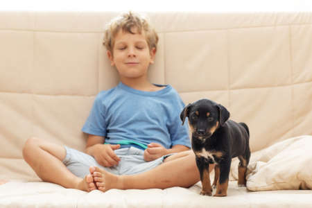 A boy with a little dog doing yogaの写真素材
