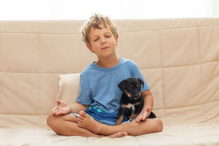 A boy with a little dog doing yogaの写真素材