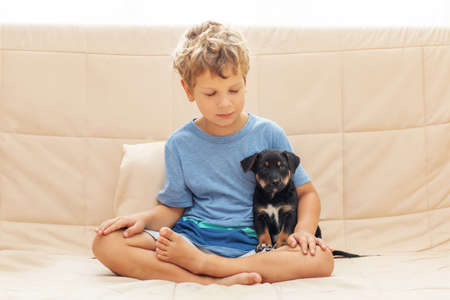 A boy with a little dog doing yogaの写真素材