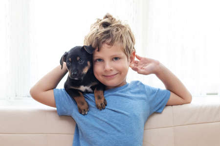 A boy with a little dog playing at homeの写真素材