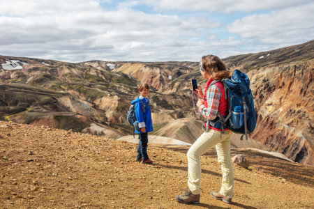 The family went hiking in Landmanloer Park in Icelandの写真素材