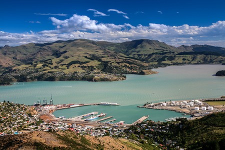 The Port of Lyttelton taken from the hills above  Banks Peninsula, Canterbury, New Zealand 