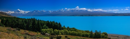Panoramic view of Mt  Cook reflecting in Lake Pukaki, South Island, New Zealandの写真素材