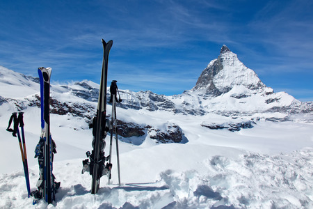 A pair of skis against the Matterhorn, taken in the resort of Zermatt, Switzerland.の写真素材
