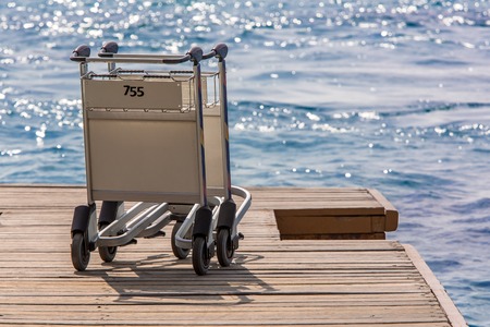 trolley on wood pierの写真素材