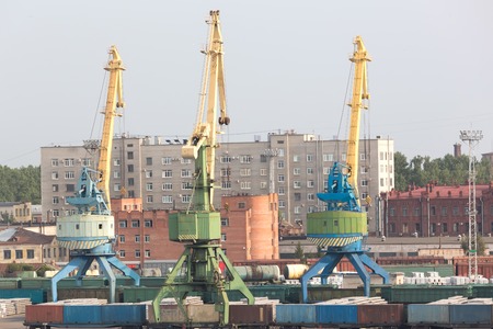 port cranes with old  warehose. Port of St.Petersburg, Russiaのeditorial素材