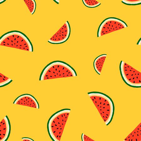 Pattern with slices of watermelon of different sizes on a yellow backgroundの写真素材