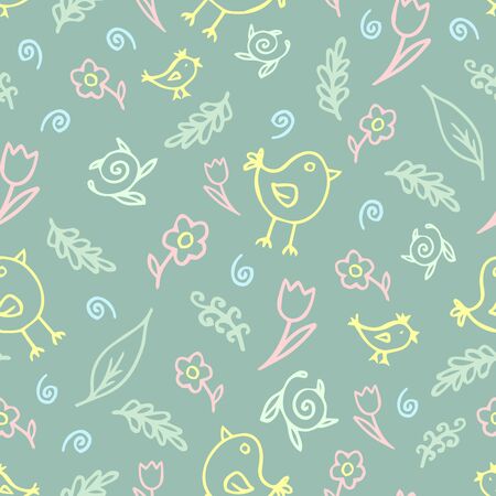 Contour drawings on a turquoise background. Floral pattern. The pattern of small flowers and birds.の写真素材