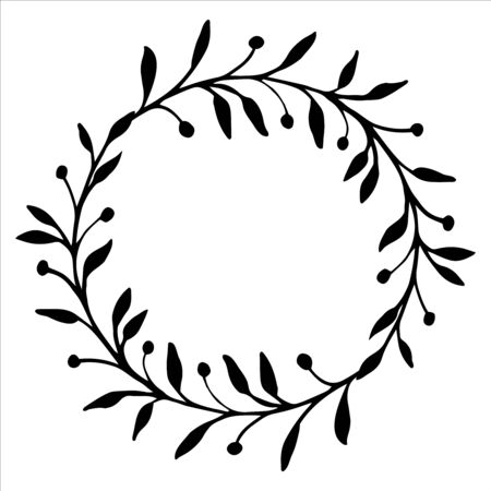 Frame of branches with leaves. Twig in doodle style. For greeting cards. Hand drawn illustration in black ink. Isolated outline. Flower drawing and sketch with black and white line-art.のイラスト素材