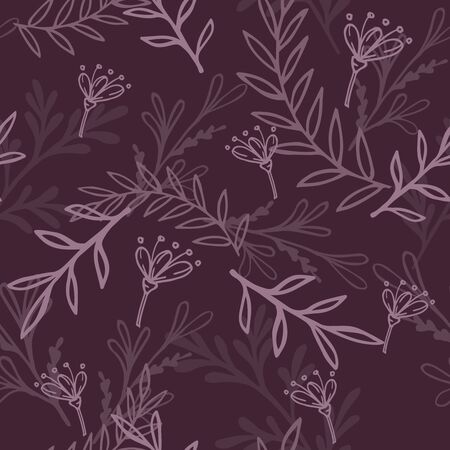 Hand drawn floral background. Pattern with violet sprigs and flowers on a dark gray backgroundの写真素材
