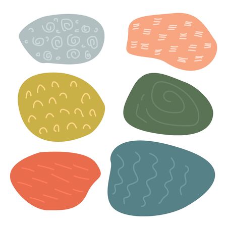 Illustration. Colored spots with small drawings. Abstraction. Elements for decoration, textile, poster. Cute abstract colorful circle oval spot with dots design background for kids, pattern wallpaper backdrop.の写真素材