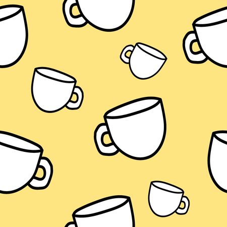 Outline drawing on a background. pattern with hand drawn sketchy tea and coffee cups. Coffee break tiling background.の写真素材
